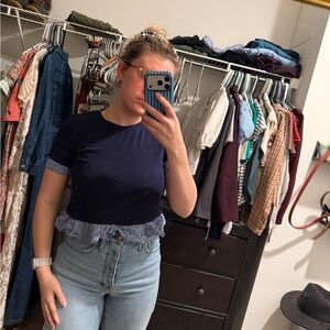 Navy Blue Gingham Trim Women's Top